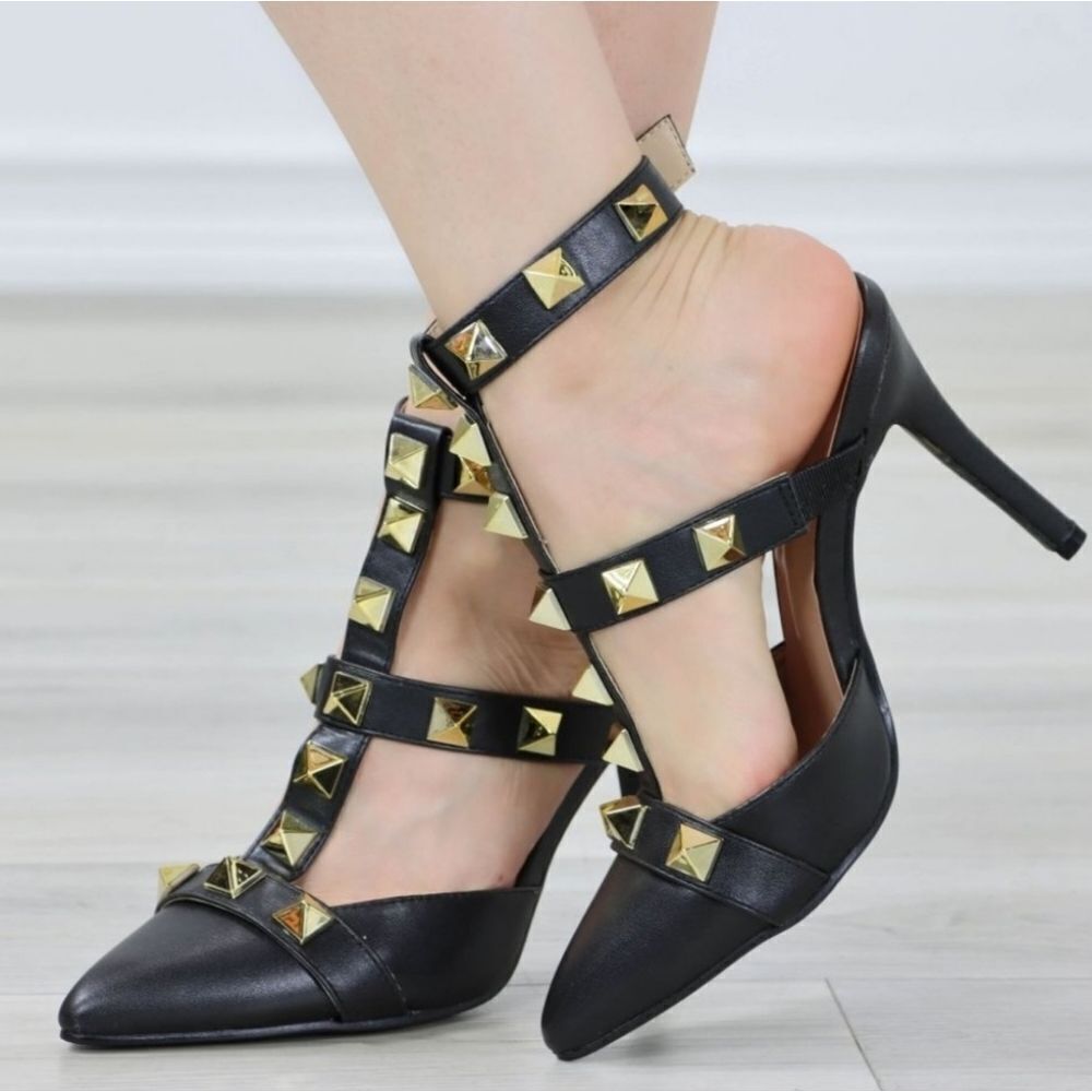 BRAND NEW FOREVER POINTED TOE HIGH HEEL STILETTOS GOLD STUDDED ANKLE STRAP SHOE